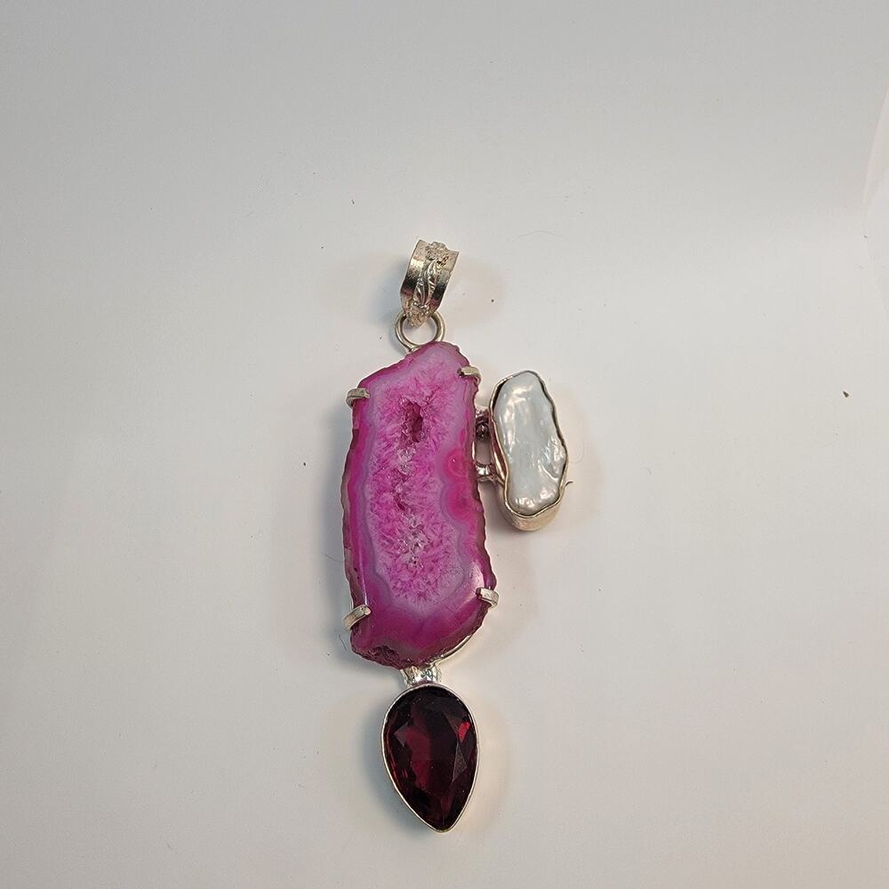 Handmade Pink Agate Pendant with Freshwater Pearl and Sterling Silver Setting